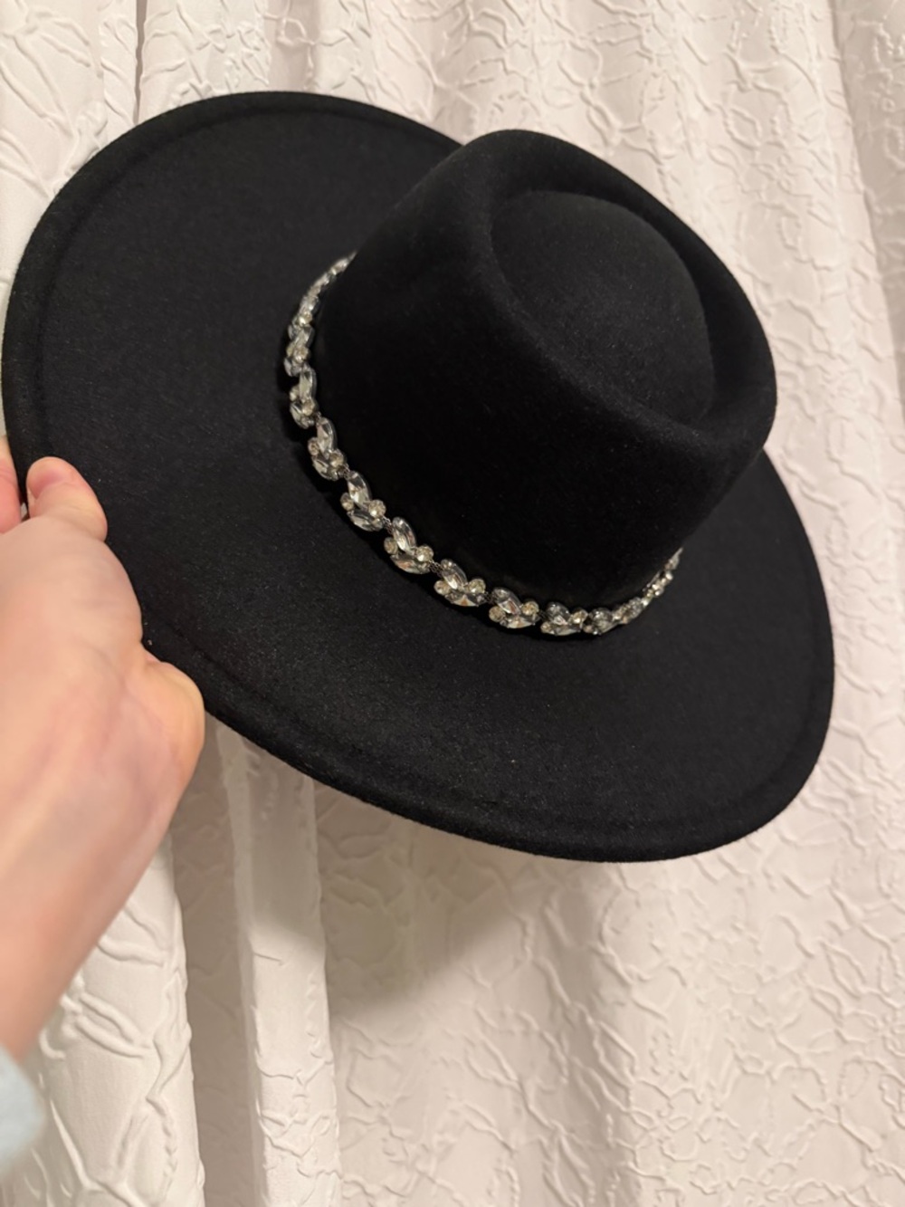Black Wide-Brim Wool Hat with Crystal Chain Trim